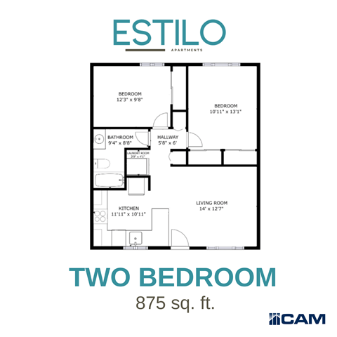 Floor plan for 2 beds, 1 bath, 875 sqft